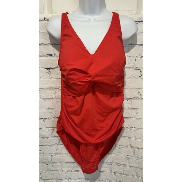 Denim & Co. Beach Twist V-Neck One-Piece with Ruching Red Plus Size 16 - Picture 1 of 7